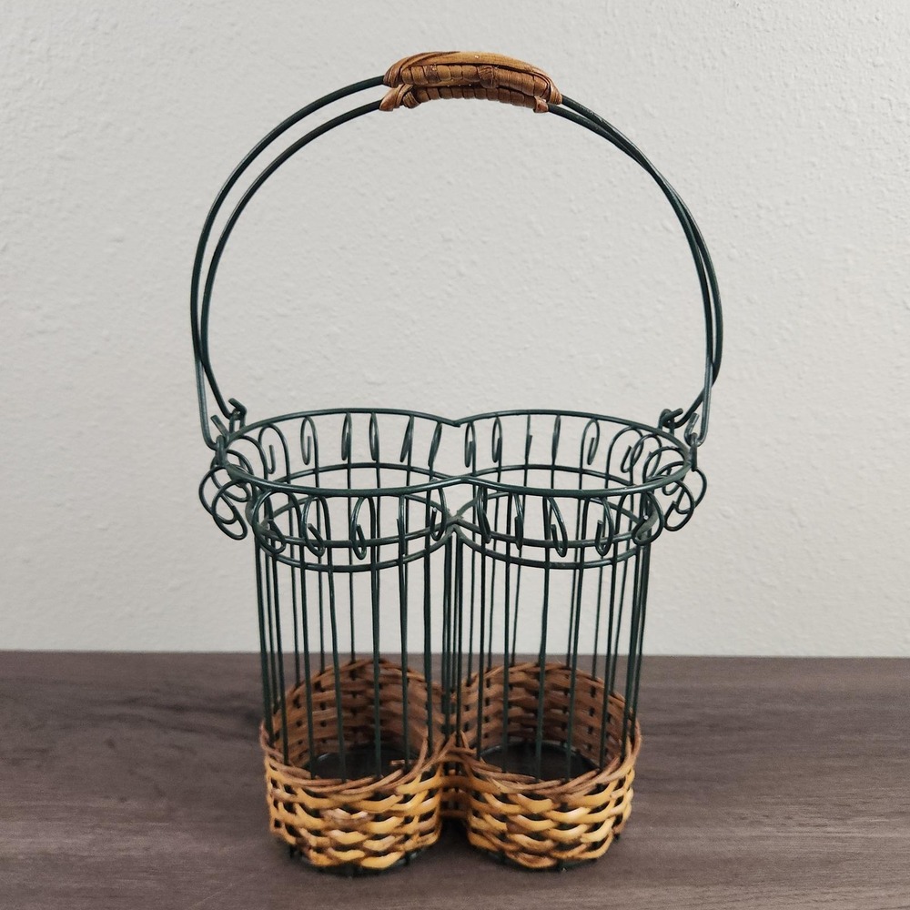 Vintage Double Wine Bottle Carrier Green Metal Wire Woven Wicker Rustic Caddy